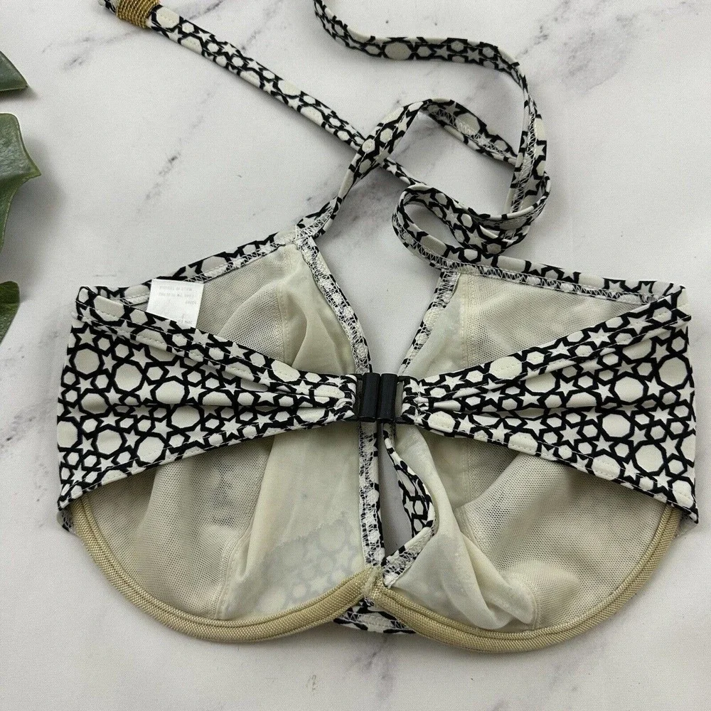 Freya Halter Bikini Top Size 34 E White Black Geometric Star Print Underwire